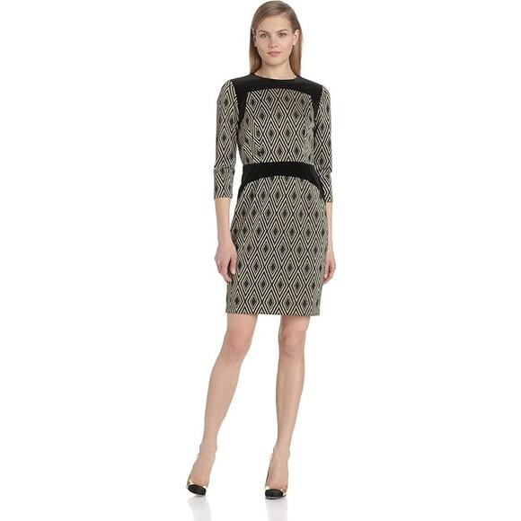 Gabby Skye Metallic Gold Black Velvet Diamond Argyle 3/4 Sleeve Sheath Dress 6 - Picture 1 of 7